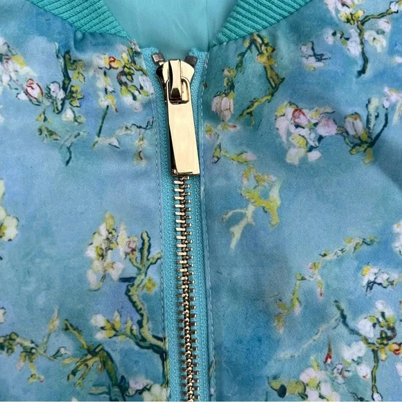 Immersive Van Gogh Cherry Blossom Turquoise Satin Floral Bomber Jacket NWOT - Picture 5 of 8